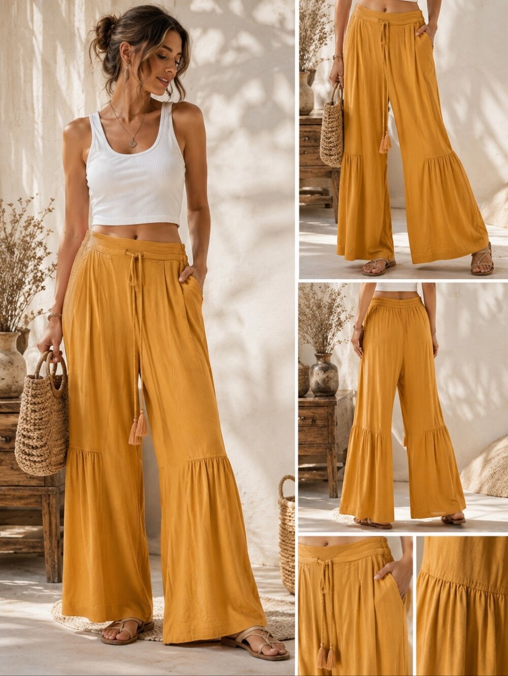 Rewash Golden Mustard Wide-Leg Tiered Pants